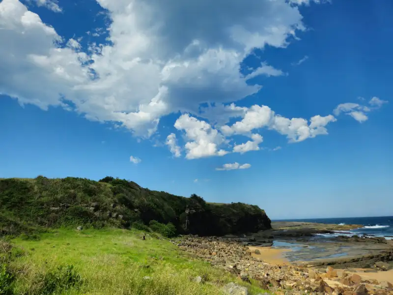 Looking towards a small headland and a rocky beach